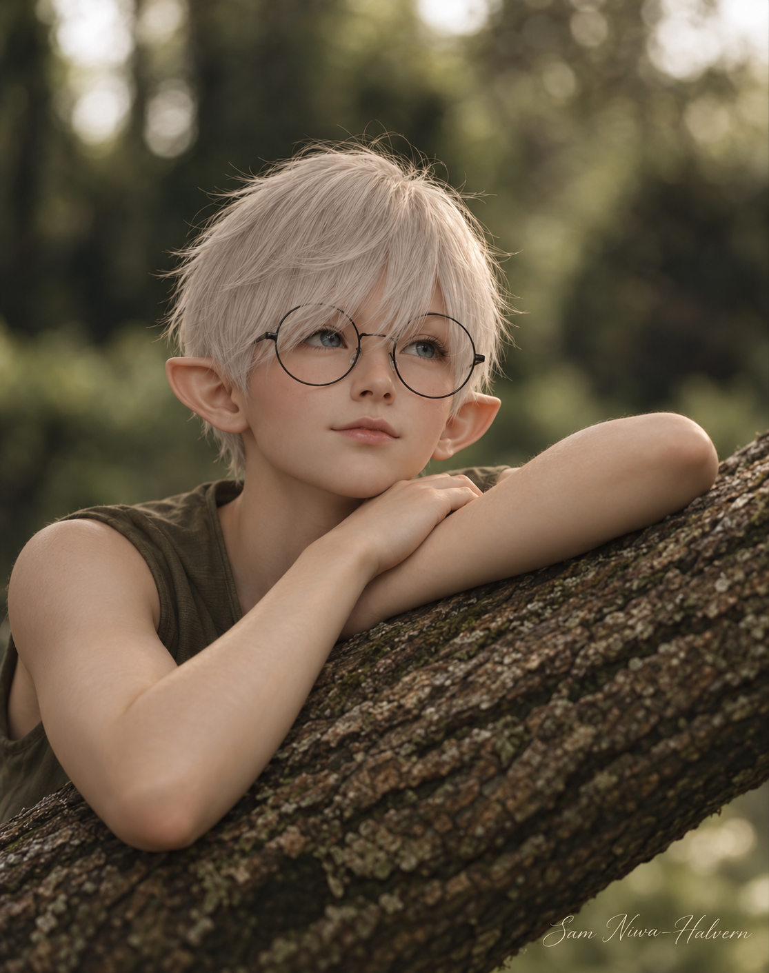 Sam resting on a tree trunk with a dreamy gaze