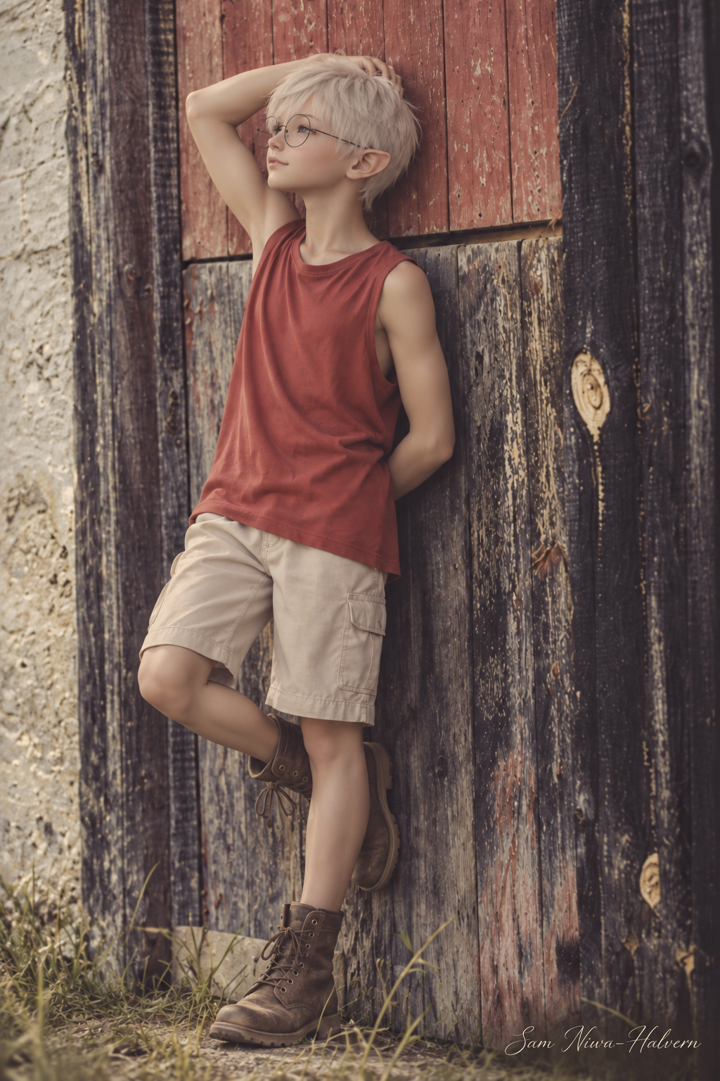 Sam leaning against a weathered barn door in muted vintage colours