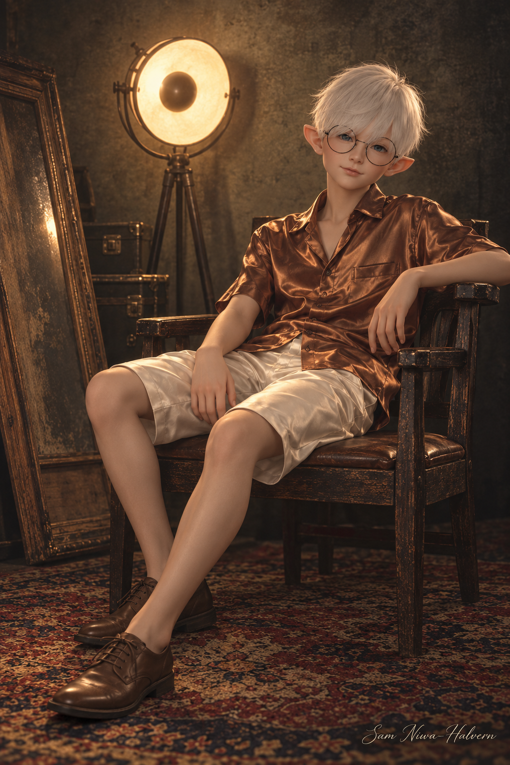 Sam seated in a warm vintage artist studio